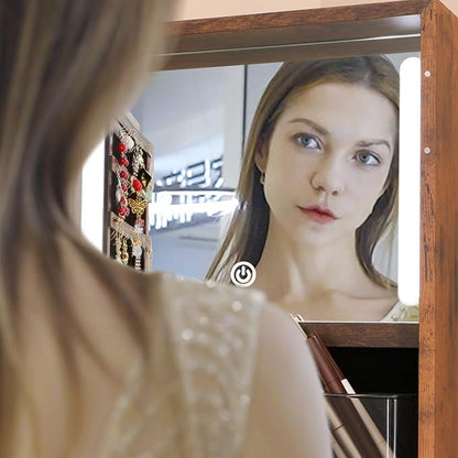 Rotating Jewelry Cabinet with Vanity Mirror Jewelry Armoire Lockable | Full Length Mirror with Storage Jewelry Organizer Standing Mirror with Drawers Wheels Christmas Gift for Girl Rustic Brown