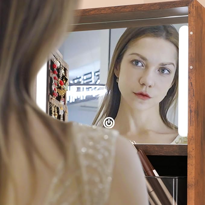 360° Swivel Full Length Mirror Jewelry Cabinet Standing With Built-In Mirror Jewelry Armoire With Mirror Drawers, Lockable Storage Christmas Gift Rustic Brown
