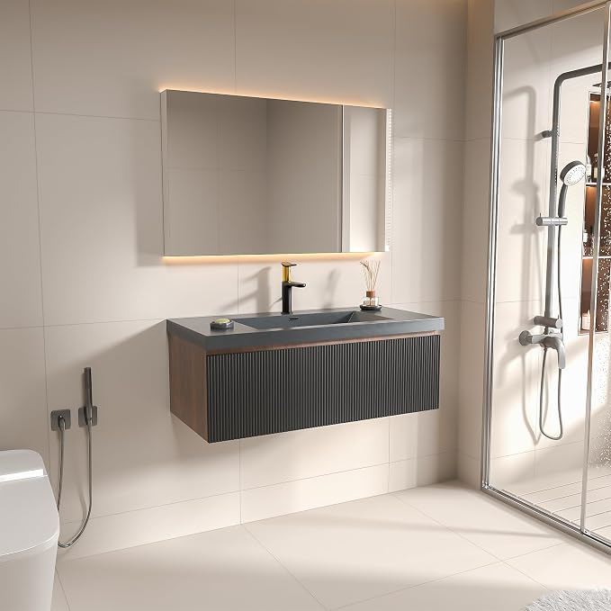 42 Inch Floating Bathroom Vanity with Sink, Modern Black Wall Mounted Floating Vanity with Scratch-Resistant Quartz Sand Basin, Soft Closing Drawers, Fully Pre Assembled Bathroom Vanity