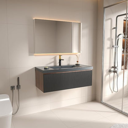 42 Inch Floating Bathroom Vanity with Sink, Modern Black Wall Mounted Floating Vanity with Scratch-Resistant Quartz Sand Basin, Soft Closing Drawers, Fully Pre Assembled Bathroom Vanity