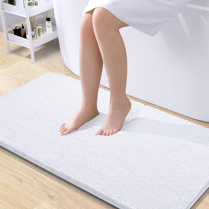 OLANLY Bathroom Runner Rugs 40x24, Extra Soft Absorbent Chenille Bath Rugs | White, Quick-Drying Rubber Backing, Machine Washable Long Bath Mat for Bathroom Floor, Tub and Shower, Home Decor Accessories