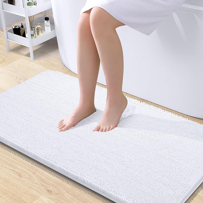 OLANLY Bathroom Runner Rugs 45x27, Extra Soft Absorbent Chenille Bath Rugs | White, Quick-Drying Rubber Backing, Machine Washable Long Bath Mat for Bathroom Floor, Tub and Shower, Home Decor Accessories
