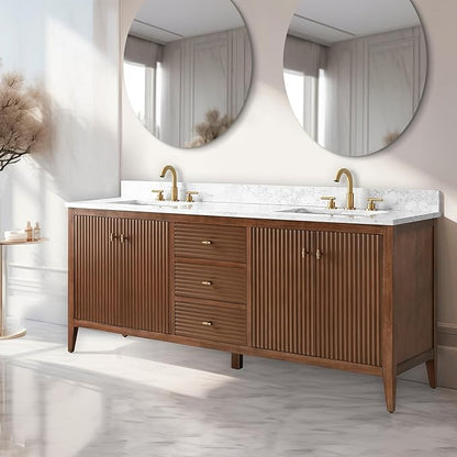 Vanity Art 72 inch Walnut Bathroom Vanity with Double Sink & Ceramic Top, Vanity Cabinet with Soft-Closing Door, Solid Wood Frame, Linear Pattern, Walnut, VA9172-DWalnut-MB,Matte Black Handles