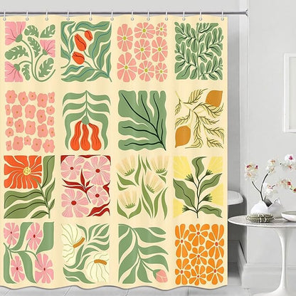 JAWO Retro Shower Curtain Vintage Abstract Boho Floral Shower Curtains for Bathroom Decor Pink Yellow Botanical Geometric Groovy Aesthetic Pattern Shower Curtain Sets with Hooks,47X64IN