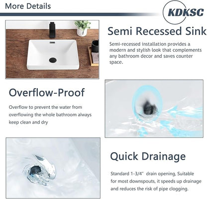 Bathroom Vessel Sink 16.7" X 12.6" Semi Recessed Bathroom Sink Rectangular Drop In Bathroom Sinks with Overflow White Ceramic Vessel Sinks for Bathroom Modern Above Counter Basin Vanity Sink
