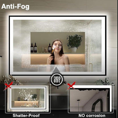 EchosLife 66x36 LED Lit Bathroom Mirror - Black Framed | Black Frame, Front and Backlit, Anti-Fog, Stepless Dimmable, 3 Colors, Memory, Tempered Glass, UL Listed, Horizontal/Vertical