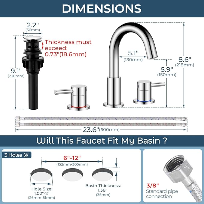 FGKQ Bathroom Faucet for Sink 3 Hole, Chrome Bathroom Sink Faucet with Pop-Up Drain and Water Supply Lines, 8 inch Widespread Vanity Faucet 2 Handle with 360° Swivel