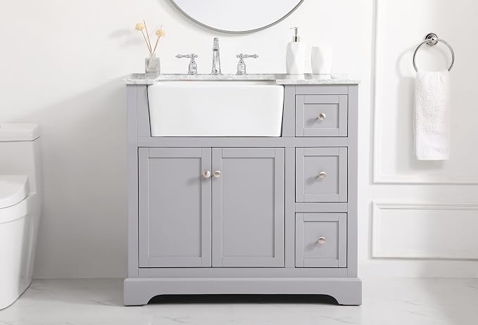 36" Pre-Assembled Bathroom Vanity with Sink, Solid Birch and MDF, Carrara White Marble Countertop Attached, Single Rectangle Porcelain Sink, 3 Soft-Close Drawers, Grey
