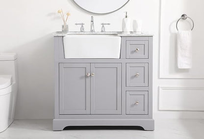 36" Pre-Assembled Bathroom Vanity with Sink, Solid Birch and MDF, Carrara White Marble Countertop Attached, Single Rectangle Porcelain Sink, 3 Soft-Close Drawers, Grey