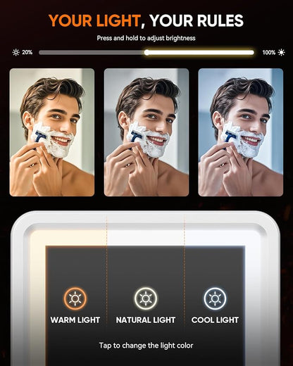 Heated Shower Mirror Fogless for Shaving (Gen 3) - 3 Colors Stepless Dimmable Lights, Anti-Fog Shaving Mirror with Razor Holder, No-Drilling, Removable - White
