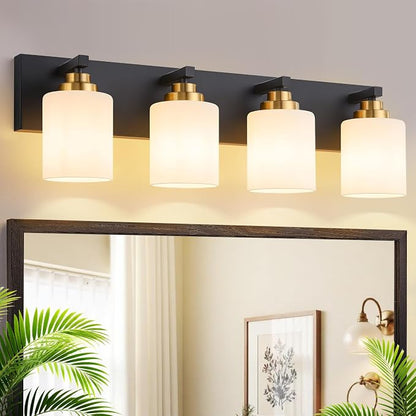 Vanity Lights for Bathroom, 4-Light Black and Gold Bathroom Vanity Light Over Mirror with Milky White Glass Shades, Modern Bathroom Light Fixtures for Living Room Hallway Cabinet (Bulbs Not Included)