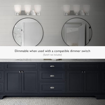 Design House Atkinson Vanity Light, 3-Light, Frosted White Glass Shades, Dimmable, Up/Down Mountable, E26 Socket, Satin Nickel, 23.3 in L x 7.4 in W x 8.6 in H, 589523