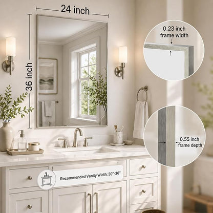 24"x36" Brushed Nickel Framed Rectangle Bathroom Vanity Wall Mirror | Over-Sink Vanity Mirror, Slim Metal Frame, Entryway or Dresser Use, Vertical/Horizontal Mount, Tempered Glass
