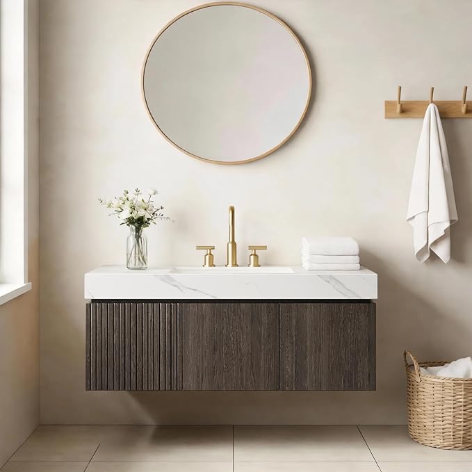 48" Floating Bathroom Vanity with Sink, Plywood Storage Vanities with Drawer and 2 Doors, Carrara White Sintered Stone Top and 3 Pre-drilled Faucet Holes Ceramic Basin, Pre-Assembled Cabinet, Espresso