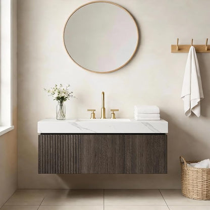 48" Floating Bathroom Vanity with Sink, Plywood Storage Vanities with Drawer and 2 Doors, Carrara White Sintered Stone Top and 3 Pre-drilled Faucet Holes Ceramic Basin, Pre-Assembled Cabinet, Espresso
