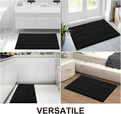 Grandaily Chenille Striped Bathroom Rugs 24x16, Extra Thick and Absorbent Bath Mats, Non-Slip Soft Plush Shaggy Shower Carpet, Machine Wash Dry, Bath Rug for Bathroom, (Small, Black)