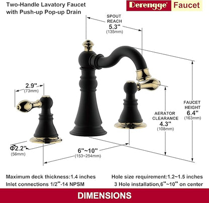 Two Handle Bathroom Sink Faucet 3 Hole 8 Inch Widespread with Pop up Drain,High Arc Lavatory Faucet,Matte Black with Polished Brass Trim Finished,F-8805-MG