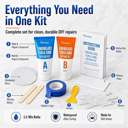 Tub Repair Kit White, Bathtub Repair Kit for Enamel, Fiberglass, Acrylic | For Chips, Cracks, Scratches, Holes & Rust on Porcelain, Patch & Repairs Cast Iron Tubs, Toilet, Sink, Shower Pan in Bathroom
