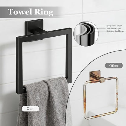5-Pieces Wall Mount Bathroom Hardware Set,23.6in Towel Bar Set,Matte Black | Waterproof Stainless Steel Bathroom Accessories,Toilet Paper Holder with Shelf,Towel Ring,Coat Hook