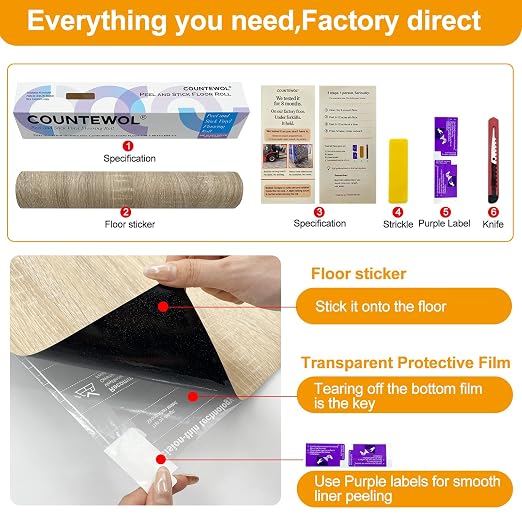 Countewol Stick Vinyl Flooring Roll, Light Oak Wood Grain Self Adhesive PVC Floor Sheet, Waterproof, Scratch Resistant & Removable Vinyl Floor Covering for Kitchen, Bedroom, RV, Apartment DIY