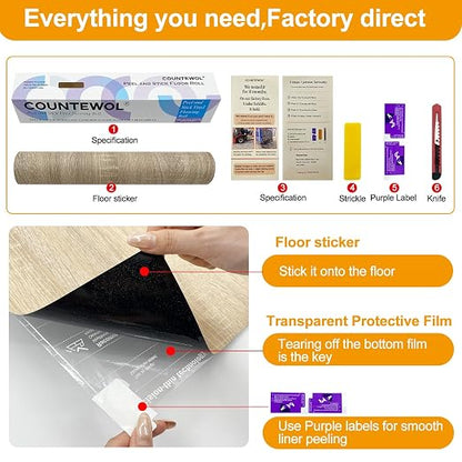 Countewol Stick Vinyl Flooring Roll, Light Oak Wood Grain Self Adhesive PVC Floor Sheet, Waterproof, Scratch Resistant & Removable Vinyl Floor Covering for Kitchen, Bedroom, RV, Apartment DIY
