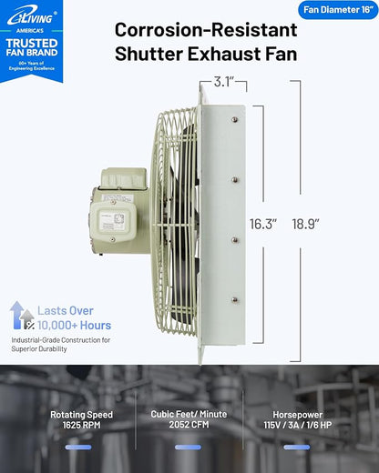 iLiving 16-Inch Corrosion Resistance Shutter Exhaust Fan, Single Speed