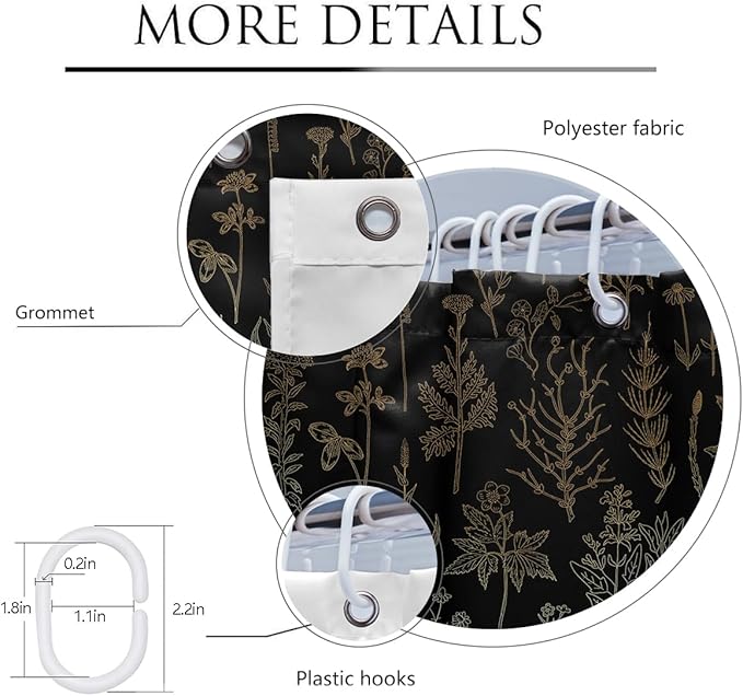 Coxila Vintage Floral Shower Curtain Black and Gold Boho Gothic Flower Aesthetic Whimsical Goth Moody Dark Botanical Witchy Nature Art Cottagecore Bathroom 60 x 72 Inch Polyester Fabric 12 Pack Hooks