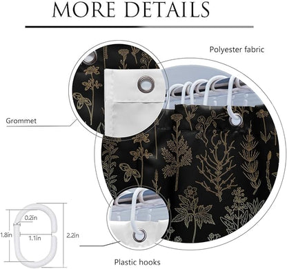 Coxila Vintage Floral Shower Curtain Black and Gold Boho Gothic Flower Aesthetic Whimsical Goth Moody Dark Botanical Witchy Nature Art Cottagecore Bathroom 60 x 72 Inch Polyester Fabric 12 Pack Hooks