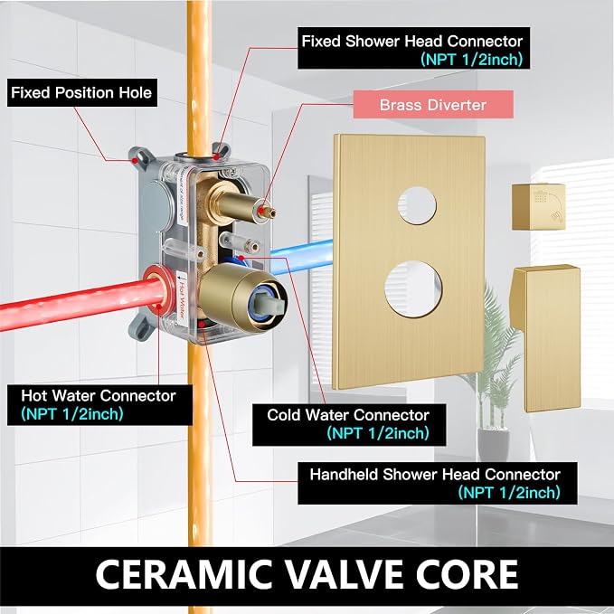 Midanya Shower Faucet Set with Handheld Sprayer,8 Inch,Brushed Gold | Rough-in Shower Valve and Trim Kit Included,Square Rain Head,Wall Mount Shower System,All Metal,Bathroom