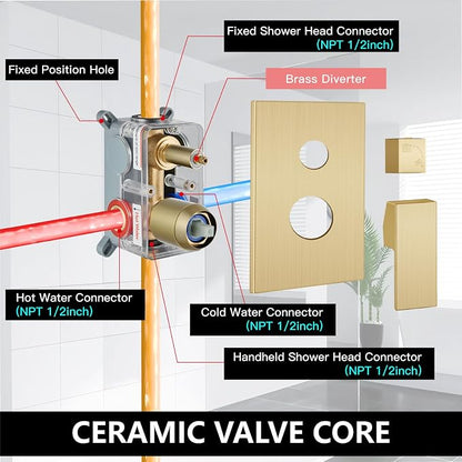 Midanya Shower Faucet Set with Handheld Sprayer,8 Inch,Brushed Gold | Rough-in Shower Valve and Trim Kit Included,Square Rain Head,Wall Mount Shower System,All Metal,Bathroom