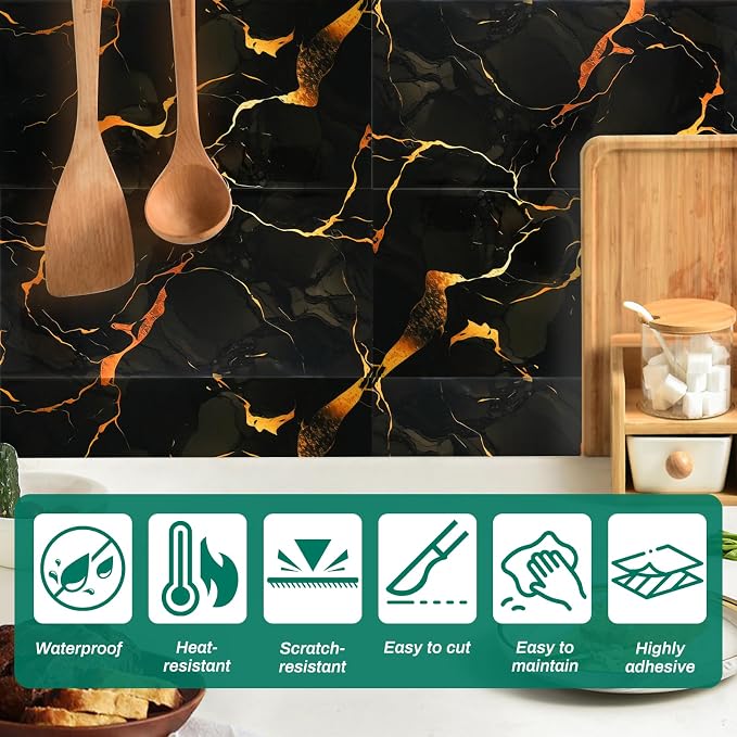 12pcs Black and Gold Peel and Stick Tiles 23.6"x11.8" Waterproof Heat Resistant Self Adhesive Removable PVC Wall Panels for Kitchen Backsplash, Bathroom, Laundry Room (Not Real Tile, Not for Floor)