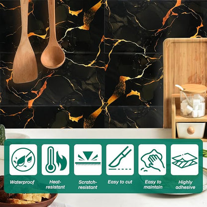 12pcs Black and Gold Peel and Stick Tiles 23.6"x11.8" Waterproof Heat Resistant Self Adhesive Removable PVC Wall Panels for Kitchen Backsplash, Bathroom, Laundry Room (Not Real Tile, Not for Floor)