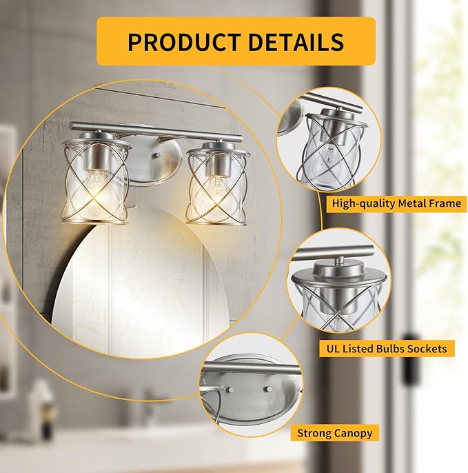 2-Lights Bathroom Vanity Lights, Bathroom Light Fixtures Over Mirror, Brushed Nickel Vanity Light, Farmhouse Wall Lights with Clear Glass Shade, Bathroom Wall Lamp for Mirror Kitchen Bedroom