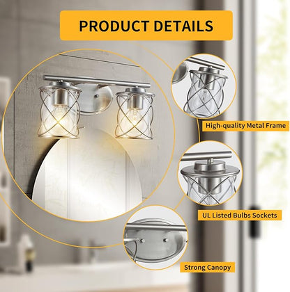 2-Lights Bathroom Vanity Lights, Bathroom Light Fixtures Over Mirror, Brushed Nickel Vanity Light, Farmhouse Wall Lights with Clear Glass Shade, Bathroom Wall Lamp for Mirror Kitchen Bedroom