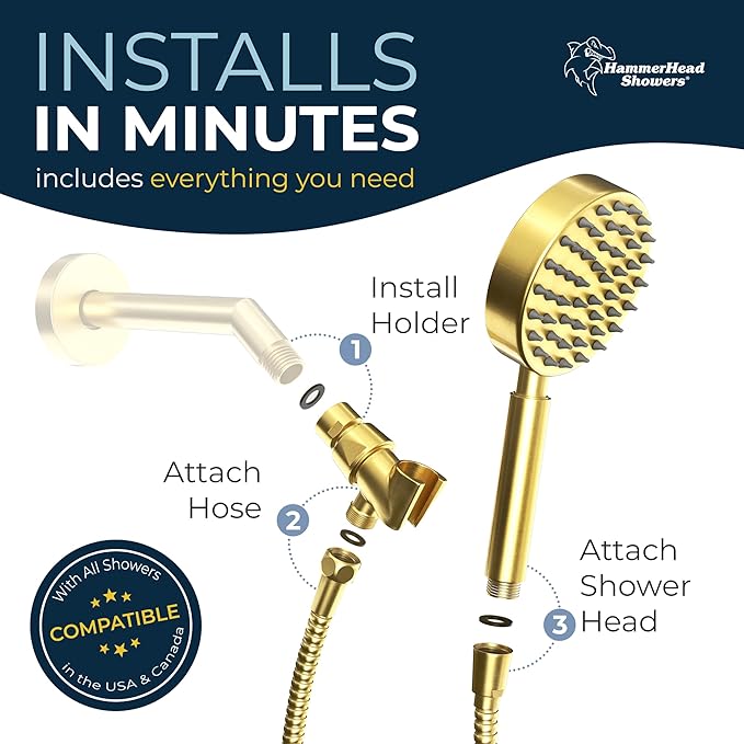 HammerHead Showers® Solid Metal LOW FLOW Handheld Shower Head with Hose and Brass Holder - POLISHED BRASS – Water Saving 1.75 GPM Detachable Shower Head - Adjustable Shower Wand Bracket & 6ft Hose