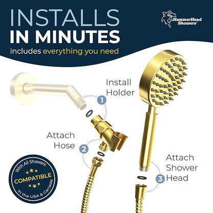 HammerHead Showers® Solid Metal LOW FLOW Handheld Shower Head with Hose and Brass Holder - POLISHED BRASS – Water Saving 1.75 GPM Detachable Shower Head - Adjustable Shower Wand Bracket & 6ft Hose