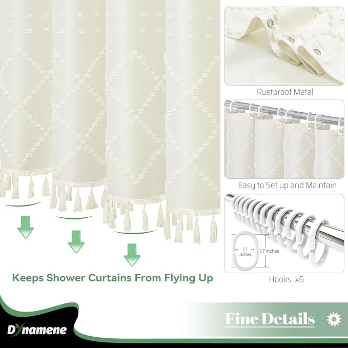 Stall Boho Farmhouse Shower Curtain Tufted Geometric 36"x72" Cream | Narrow Half Size, Elegant Tassel, Soft Lightweight Textured Fabric, Water Repellent, Washable, for Bathroom/Dorm 6 Hooks