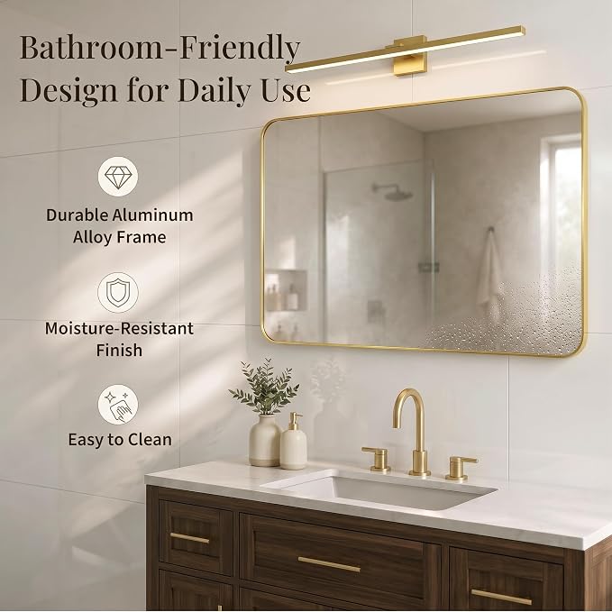 30x48 Inch Brushed Gold Rounded Rectangle Bathroom Vanity Mirror | For Over-Sink Bathrooms, Corrosion-Resistant Aluminum Frame, Slim Front Profile, Vertical or Horizontal Layout