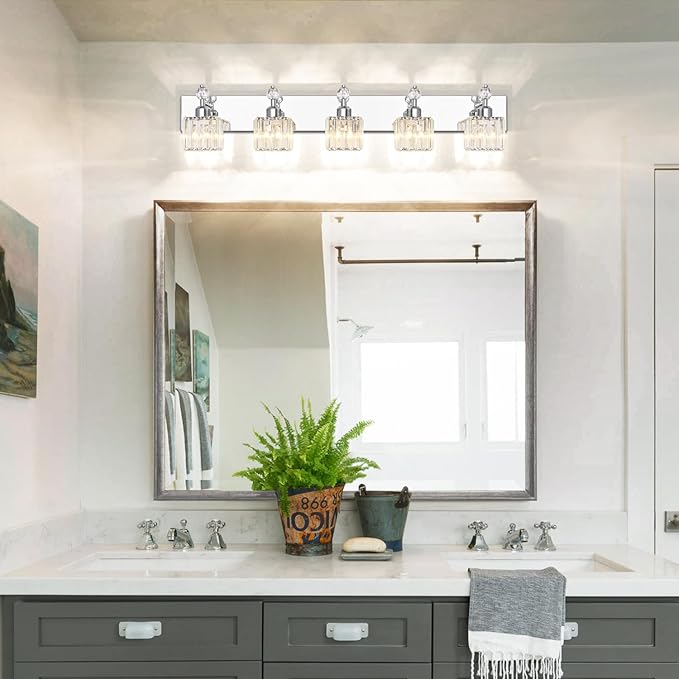 PRESDE 5-Light Crystal Bathroom Vanity Light, Chrom ModernBathroom Lights Fixtures Over Mirror Wall Lamp for Bathroom Bedroom Hallway