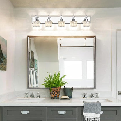 PRESDE 5-Light Crystal Bathroom Vanity Light, Chrom ModernBathroom Lights Fixtures Over Mirror Wall Lamp for Bathroom Bedroom Hallway