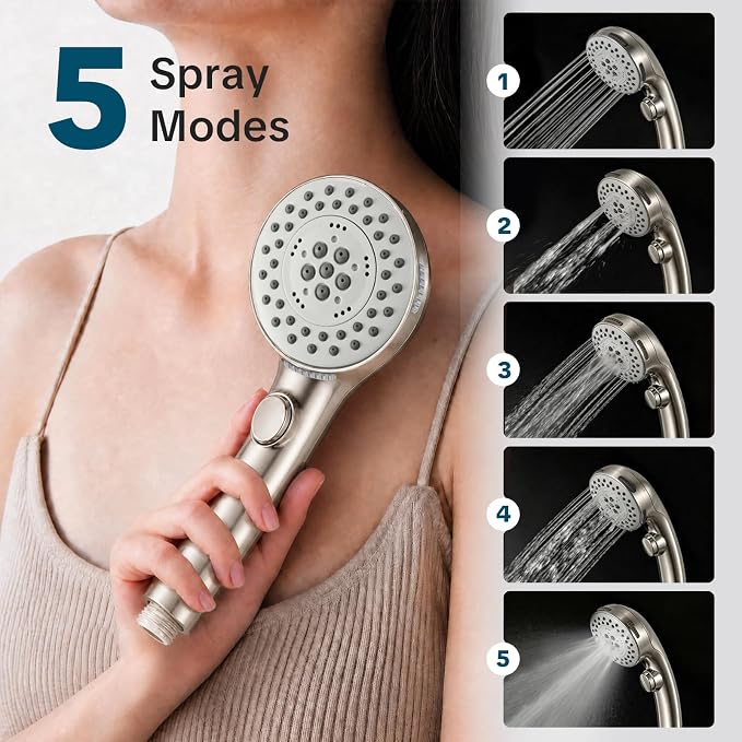 OFFO Shower Head with Handheld, 5 Mode Handheld Shower Head with On Off Switch for Water Saving, High Flow Powerful Boosting Showerheads with 60" Stainless Steel Hose & Holder, Brushed Nickel