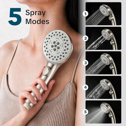 OFFO Shower Head with Handheld, 5 Mode Handheld Shower Head with On Off Switch for Water Saving, High Flow Powerful Boosting Showerheads with 60" Stainless Steel Hose & Holder, Brushed Nickel