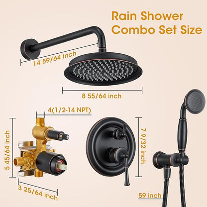 Antique Rain Shower Head with Handheld Spray, Oil Rubbed Bronze Rain Shower System with Rough-in Balance Pressure Valve, 9 inch Bathroom Luxury Rain Fall Shower Head Wall Mount Round, (B2312-ORB)