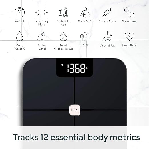 Wyze Smart Bathroom Scale & Body Analyzer, Bluetooth, 400 lbs, Navy Blue | Tracks 12 metrics, Crisp LED Display, Sync with Fitness Apps, Heart Rate Tracking, Auto-Recognition & Sharing