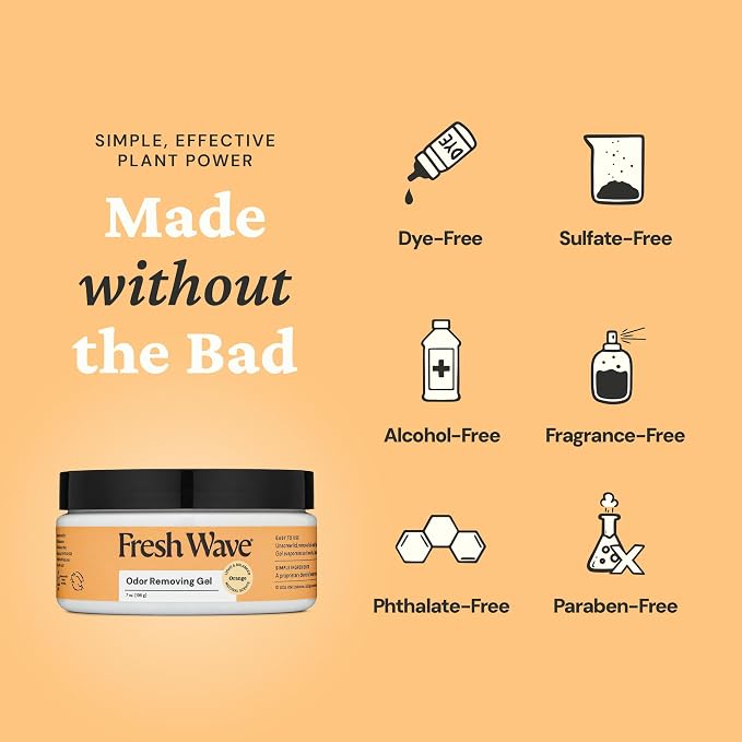 Fresh Wave Orange Odor Eliminator Gel 3-Pk 7 oz - Air Freshener for Home | Plant-based essential oils. Lasts 15-30 days per jar. No plug-in needed. Pet-safe, closet and bathroom deoderizer.