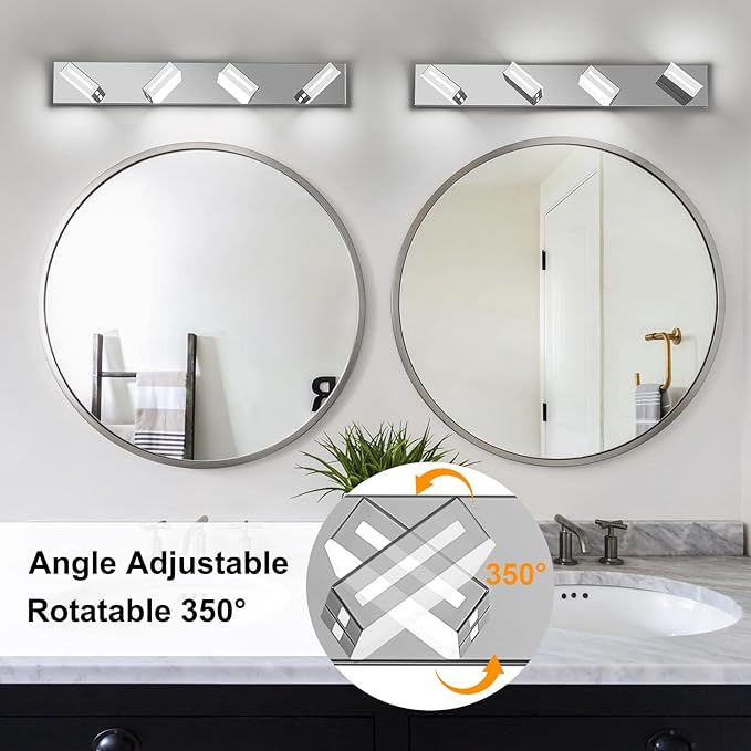 LED Modern Bathroom Light Fixtures, 4-Light 30-Inch Chrome Vanity Lights for Bathroom Lighting Fixtures Over Mirror, 350° Rotatable Acrylic, 6000K Cool White Wall Lamp