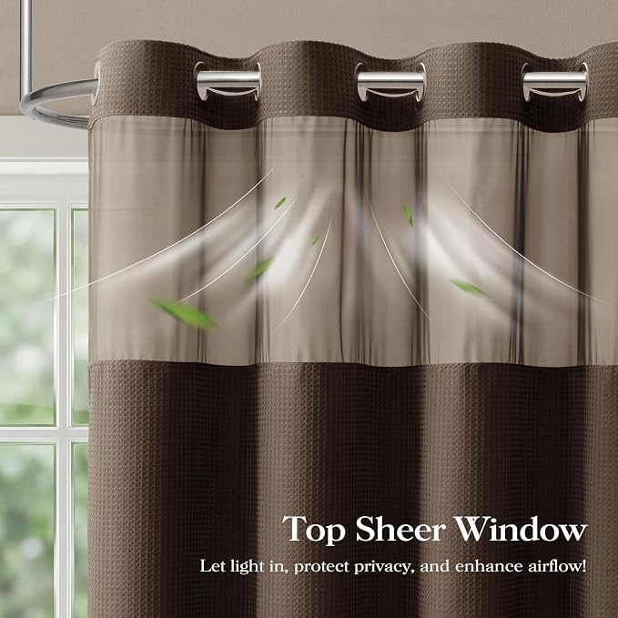 Brown Hook Free Waffle Shower Curtain & Snap-in Fabric Liner,72x87 | Less Time to install, 3 in 1 Fabric Shower Curtain and Liner Set with Magnets, Extra Long, Shower Curtains for Bathroom