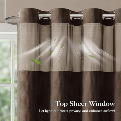 Brown Hook Free Waffle Shower Curtain & Snap-in Fabric Liner,72x87 | Less Time to install, 3 in 1 Fabric Shower Curtain and Liner Set with Magnets, Extra Long, Shower Curtains for Bathroom