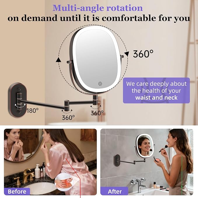 FUNTOUCH 5000mAh Rechargeable Wall Mounted Lighted Makeup Mirror, Bronze | Double Sided 30X/1X Magnifying Mirror Wall Mounted,Extended Arm 360°Rotation,Touch Dimmable,3 Color Lights for Bathroom