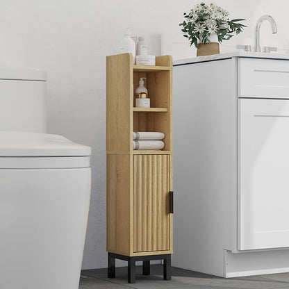 Small Bathroom Storage Cabinet, Corner Narrow Toilet Paper Floor Cabinet with Door and Shelves,Bathroom Organizer with Adjustable Shelf, for Small Spaces (Oak)